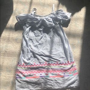 Off the shoulder dress. Blue and white stripes.